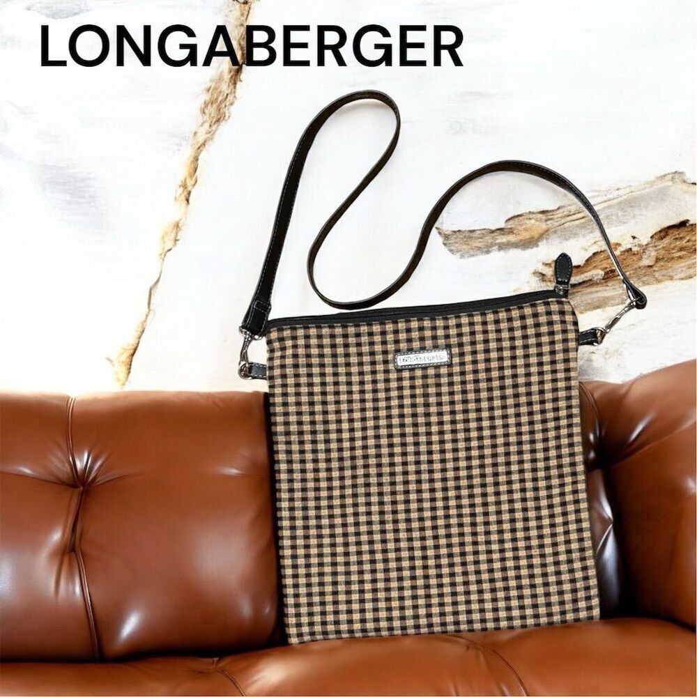 Longaberger Lightweight Crossbody Bag Black Khaki Checkered Plaid
Long Strap